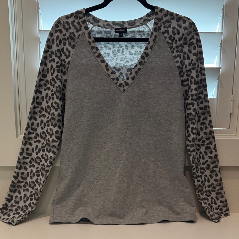 Cosabella Gray V-Neck Top with Leopard Print Sleeves